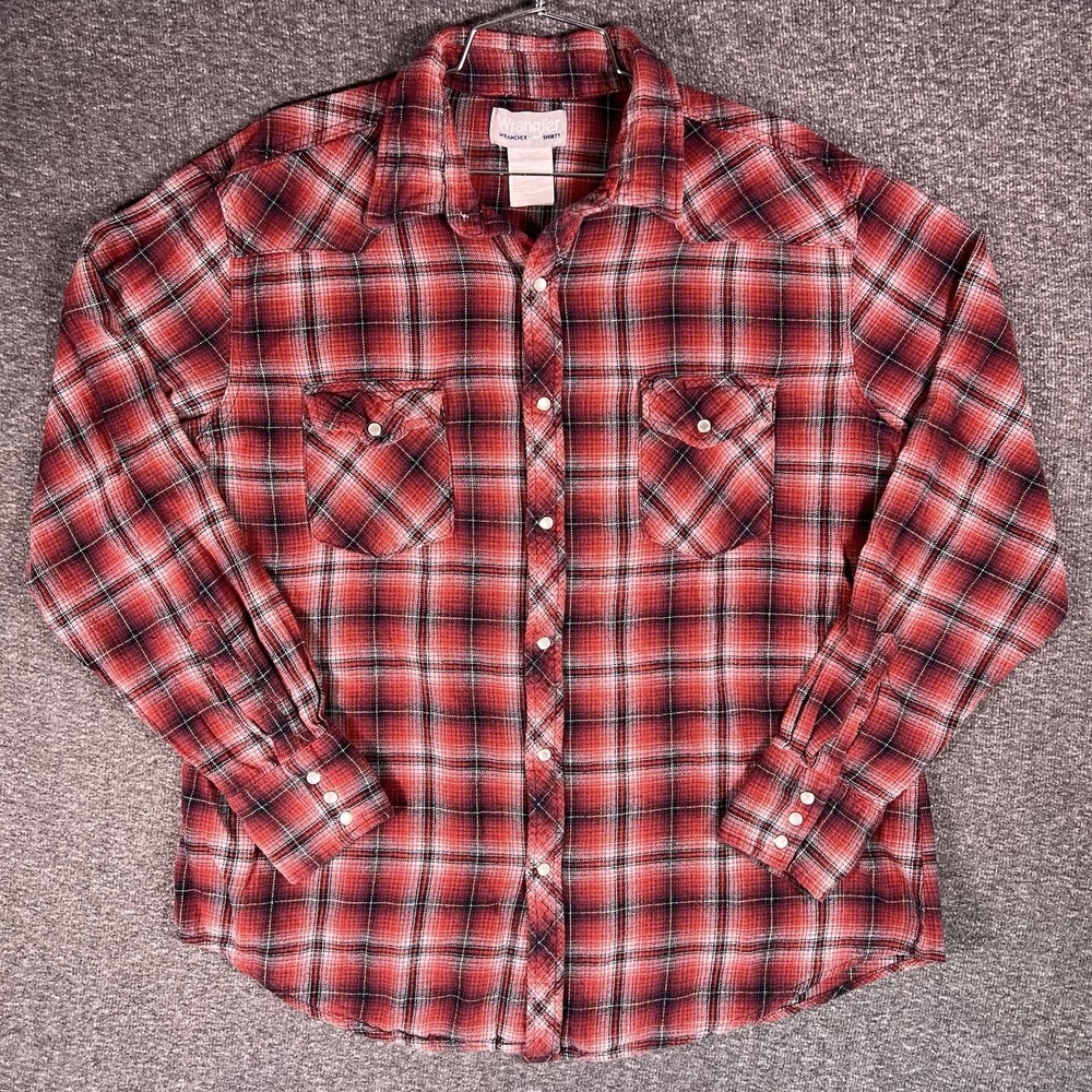Wrangler‎ Wrancher Flannel Shirt Mens XL Red Plaid Western Pearl Snap Cowboy
